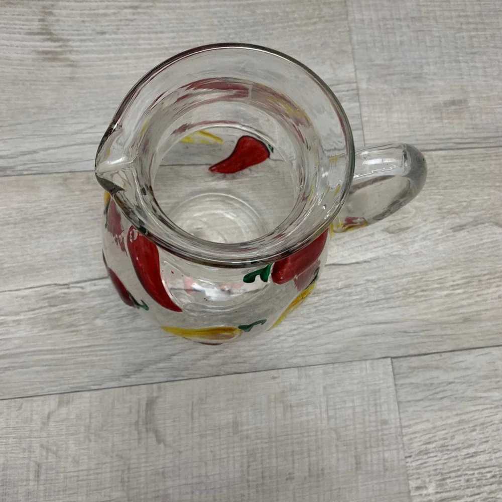 Vintage Hand Painted Chili Pepper Glass Pitcher Red Yellow Southwestern Decor